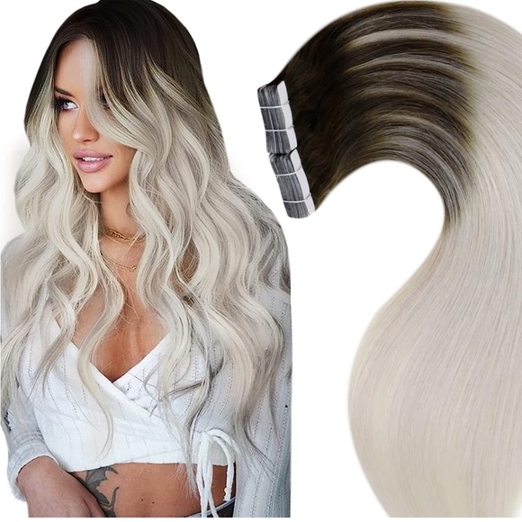 18” Hair Extensions Tape in Dark Brown Ombre Platinum Blonde 18inch 20pcs/50g - Picture 1 of 5